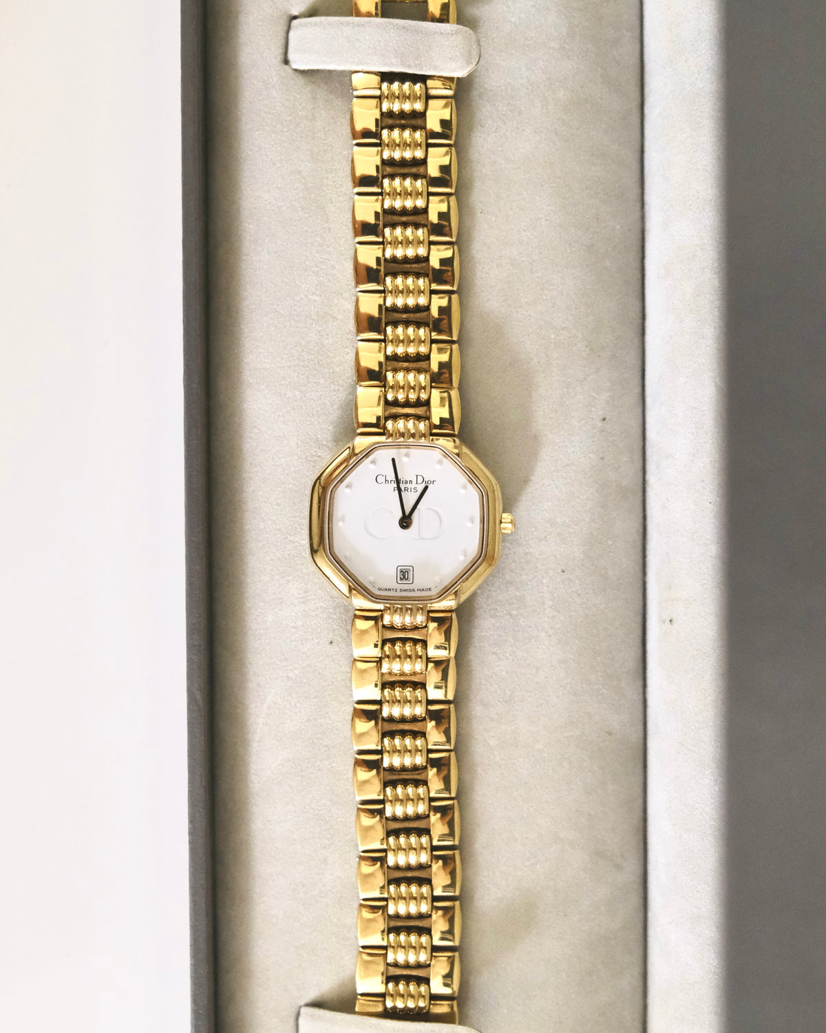 Vintage Christian Dior Gold Octagon Watch | White Dial | Elegant Gold Bracelet | Classic Designer Timepiece