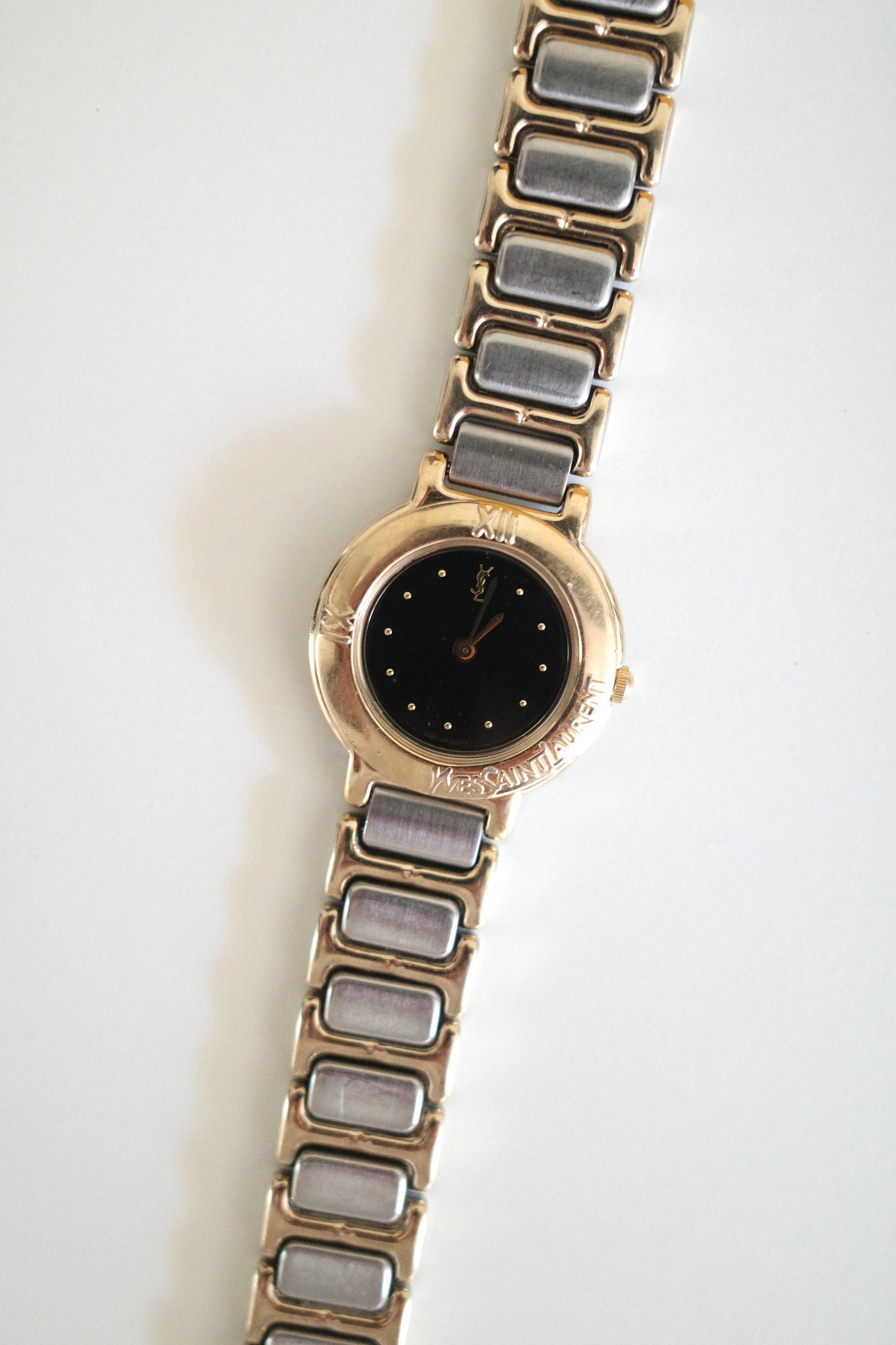 Vintage Yves Saint Laurent YSL Two-Tone Black Dial Bracelet Watch