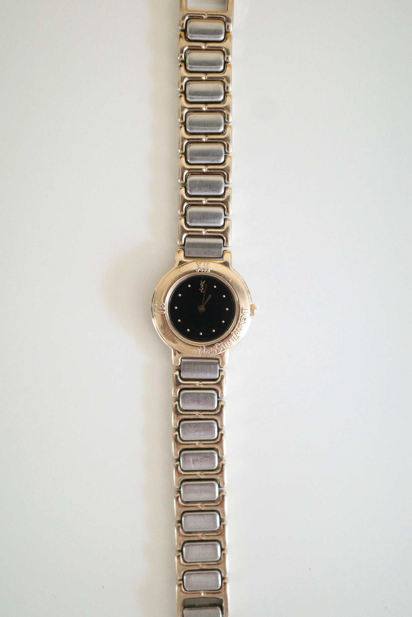 Vintage Yves Saint Laurent YSL Two-Tone Black Dial Bracelet Watch
