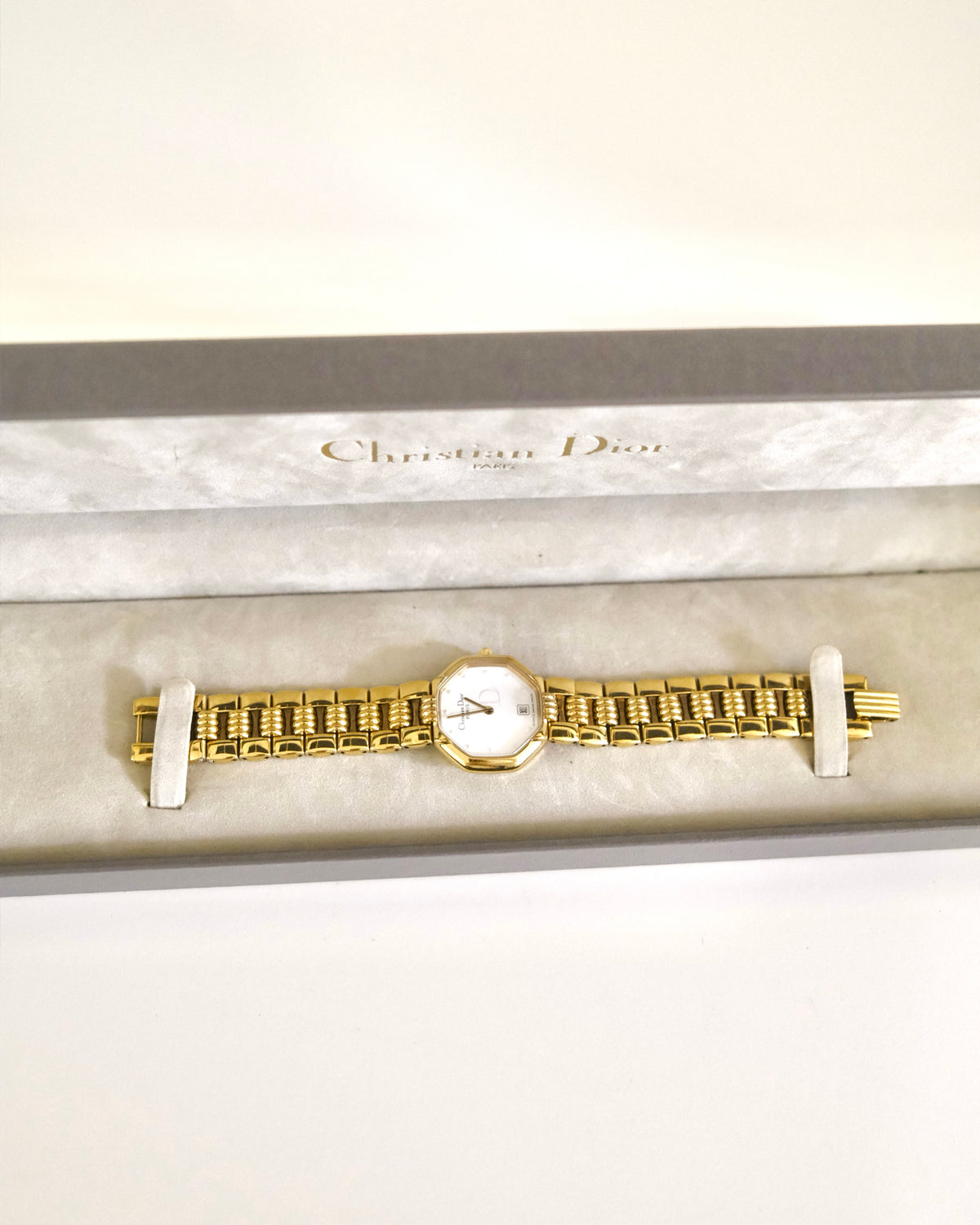 Vintage Christian Dior Gold Octagon Watch | White Dial | Elegant Gold Bracelet | Classic Designer Timepiece
