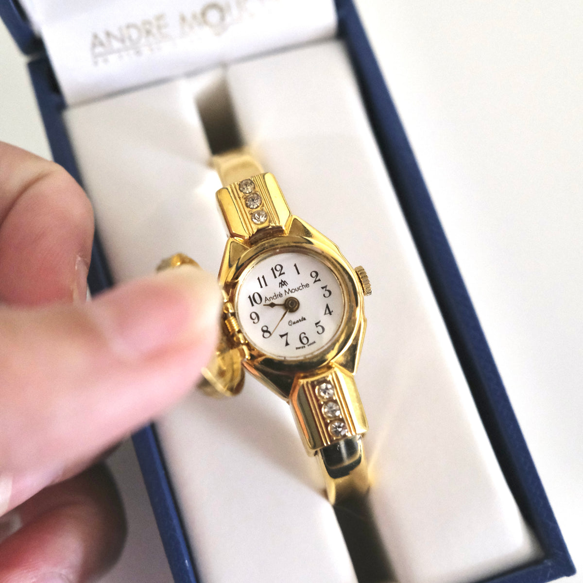 Rare Vintage André Mouche Swiss Gold-Tone Crystal Peekaboo Bangle Watch