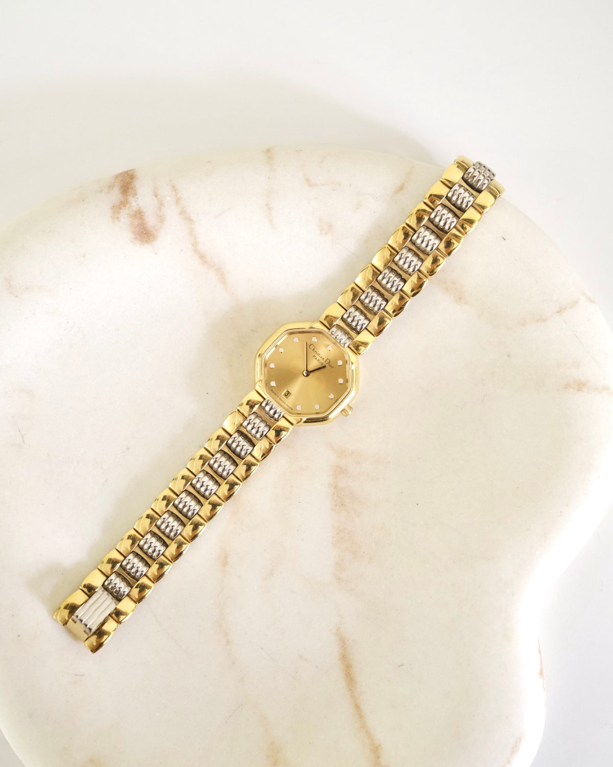 Vintage Christian Dior Gold Octagon Watch | Two-Tone Bracelet | Classic Designer Timepiece