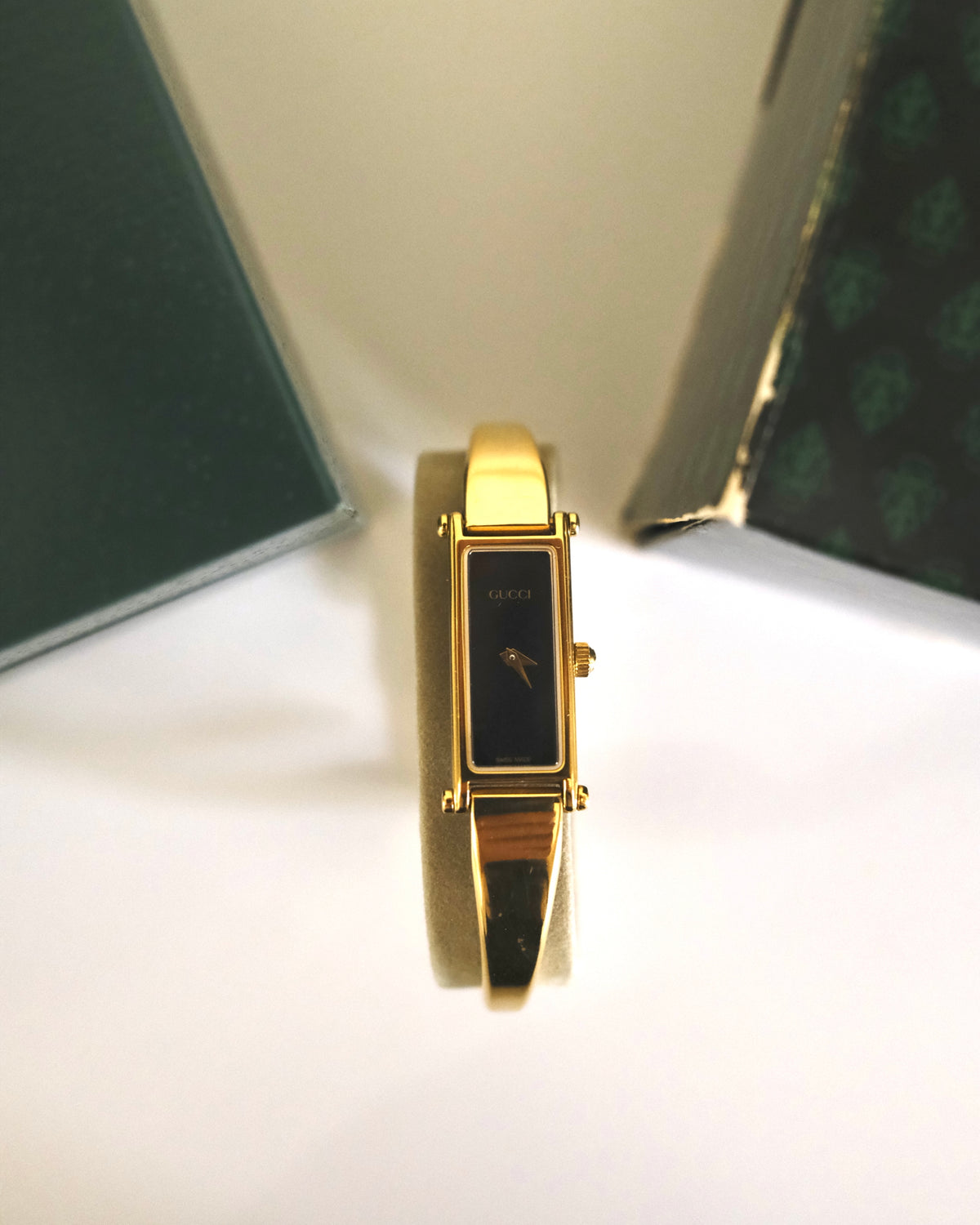Vintage Gucci 1500L Gold Watch | Black Dial | Elegant Gold Bangle Bracelet | Classic Designer Timepiece