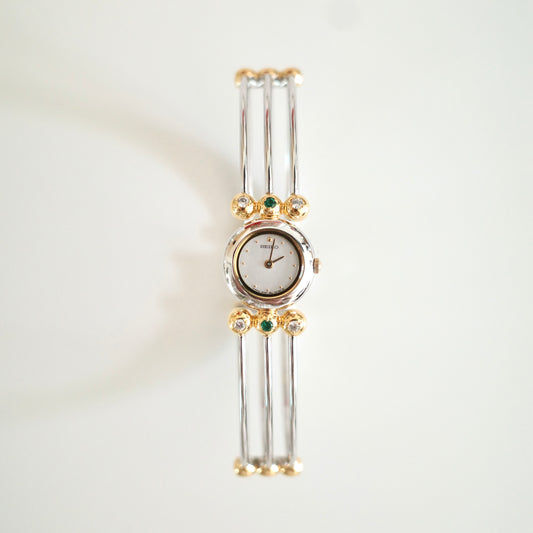 Vintage Seiko Emerald Crystal Bangle Watch | Gold & Silver Two-Tone Women’s Bracelet Watch