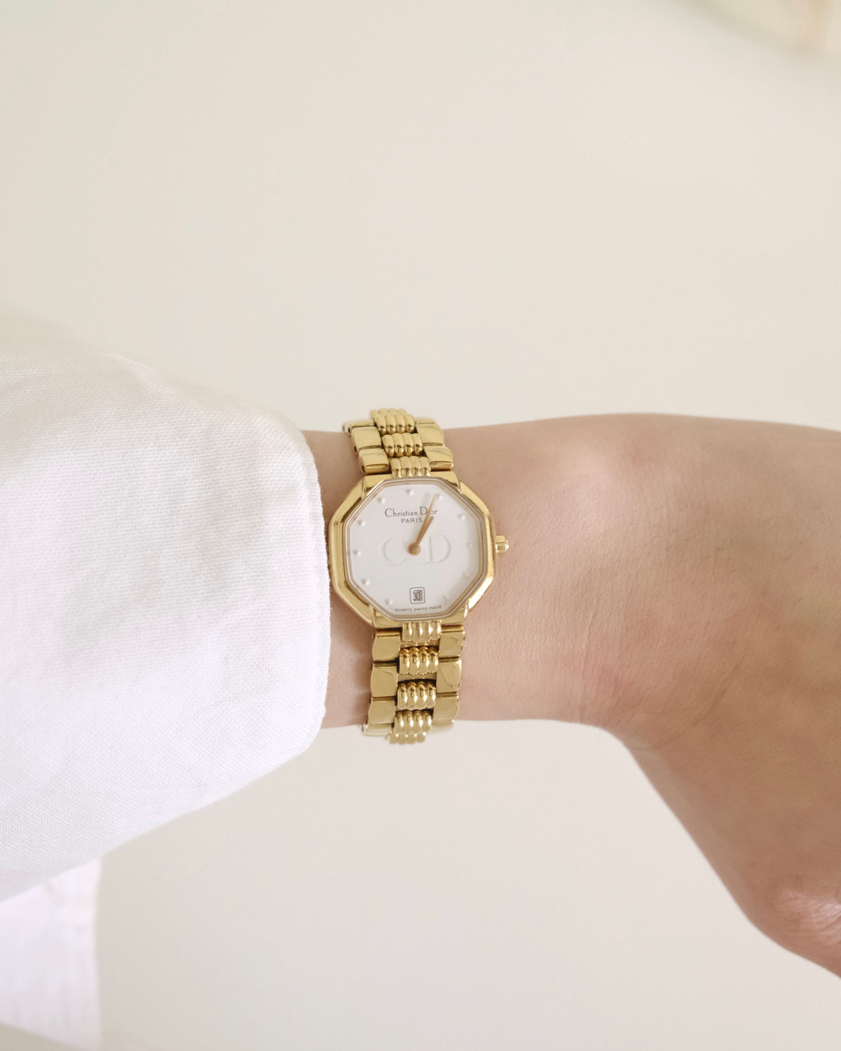 Vintage Christian Dior Gold Octagon Watch | White Dial | Elegant Gold Bracelet | Classic Designer Timepiece