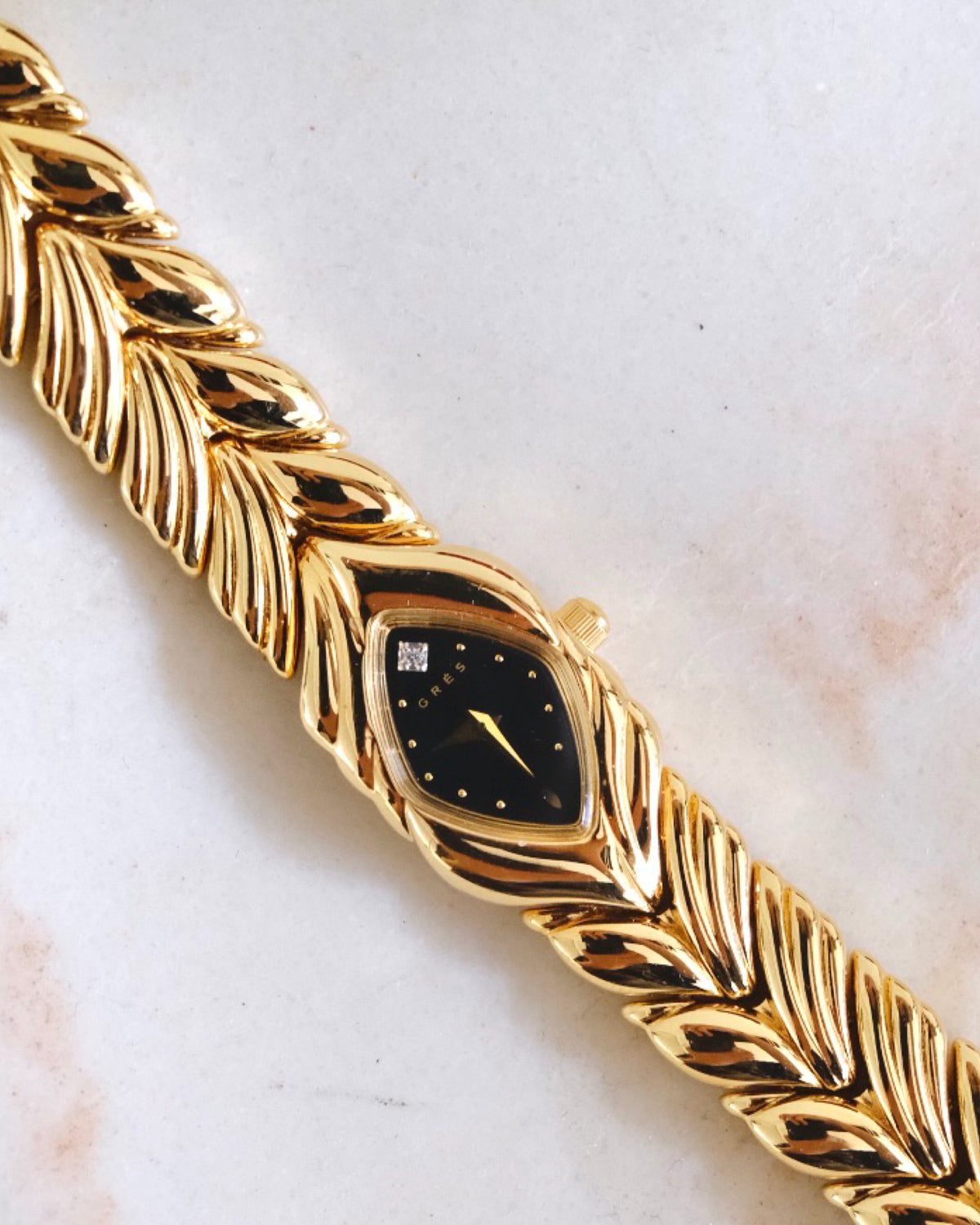 Rare Vintage Grès Gold-Tone Bracelet Watch – Black Dial & Diamond Detail