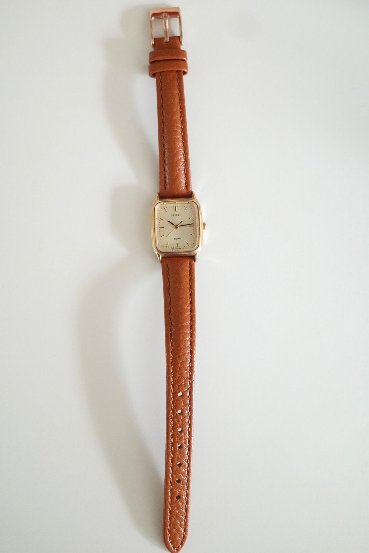 Vintage Seiko Spirit Gold-Tone Tank Watch with Brown Leather Strap