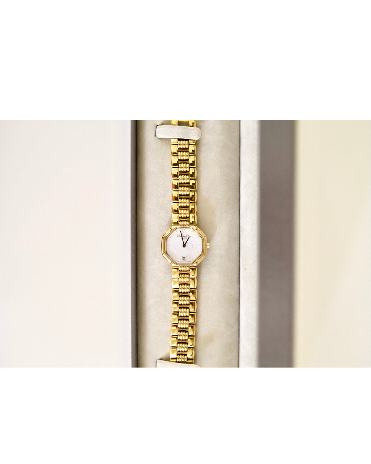 Vintage Christian Dior Gold Octagon Watch | White Dial | Elegant Gold Bracelet | Classic Designer Timepiece