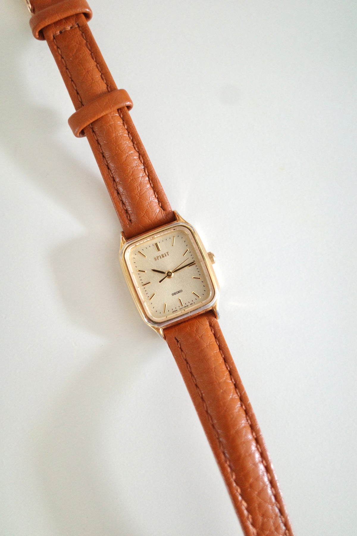 Vintage Seiko Spirit Gold-Tone Tank Watch with Brown Leather Strap