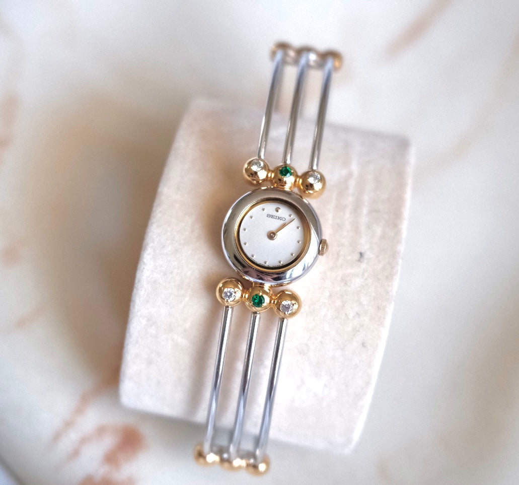 Vintage Seiko Emerald Crystal Bangle Watch | Gold & Silver Two-Tone Women’s Bracelet Watch