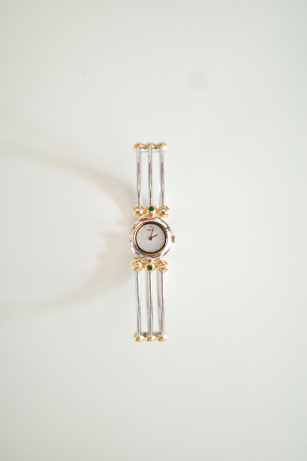 Vintage Seiko Emerald Crystal Bangle Watch | Gold & Silver Two-Tone Women’s Bracelet Watch