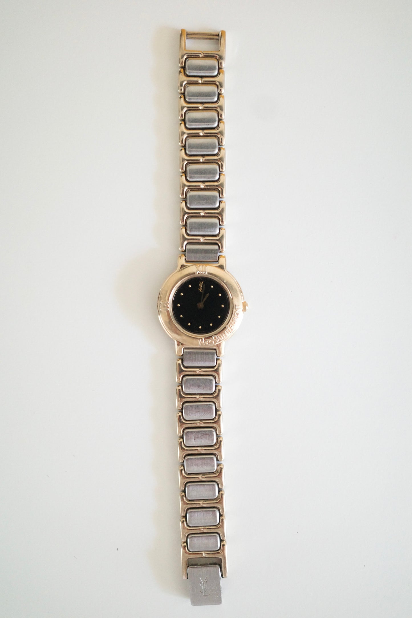 Vintage Yves Saint Laurent YSL Two-Tone Black Dial Bracelet Watch
