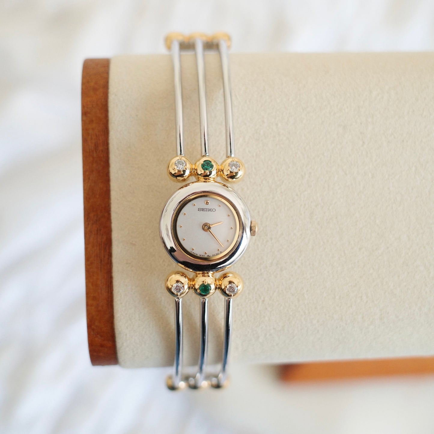 Vintage Seiko Emerald Crystal Bangle Watch | Gold & Silver Two-Tone Women’s Bracelet Watch