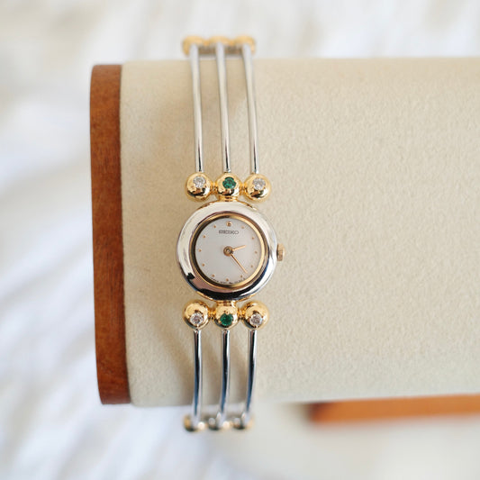 Vintage Seiko Emerald Crystal Bangle Watch | Gold & Silver Two-Tone Women’s Bracelet Watch